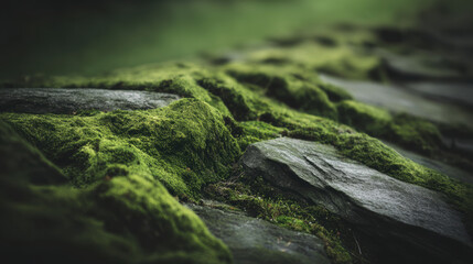 Lush green moss on weathered stone creating organic texture and moody editorial design with soft ambient glow and deep shadow, intimate abstract macro showing fine detail and natural pattern