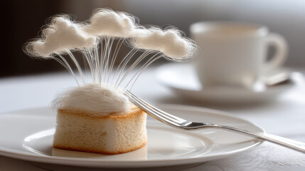 Fluffy cloud toast surreal food minimal design whimsical art fine detail soft texture white plate fork pastry concept art. Dreamlike mood with gentle whimsy and clean elegance on plate