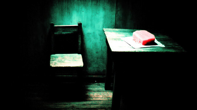 Half eaten sandwich wooden table wooden chair low contrast moody light absence of human presence