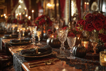victorian halloween dining hall with black lace runner silver goblets golden cutlery glowing pumpkins and red roses magical gothic atmosphere