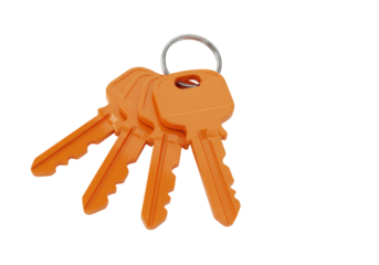 Isolated bunch of orange-colored keys on key ring for security and access concept
