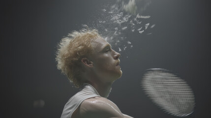 Young redhead male athlete in white shirt sweating during intense badminton rally with shuttlecock fragments flying above his head, dramatic side profile and motion energy