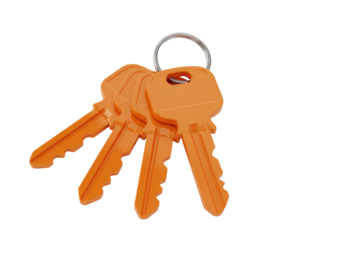 Isolated bunch of orange-colored keys on key ring for security and access concept