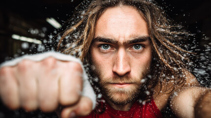 Athletic fighter with bandaged fist in mid punch, sweat and moisture droplets flying, intense focused expression in gritty indoor fight setting