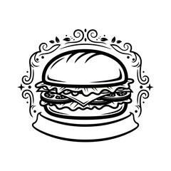 Black and white illustration of a burger with decorative elements, perfect for a restaurant logo.