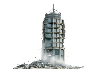 Collapsing cylindrical building with debris and dust isolated on a transparent background