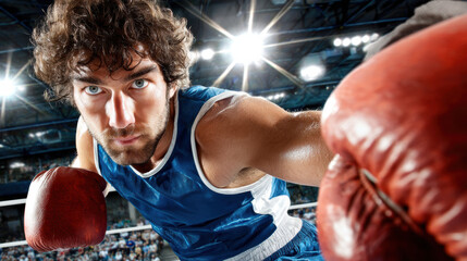 Boxer in blue corner gear punching toward camera, sweat flying through air, intense sports action in indoor boxing ring under arena lights