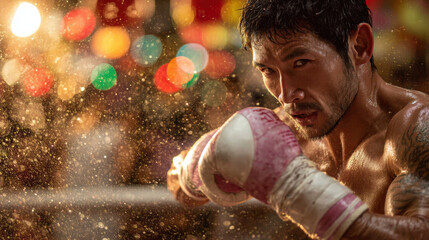 Muay Thai fighter throwing punch in sweaty ring with water droplets and colorful bokeh lights, intense expression and muscular form in dynamic action