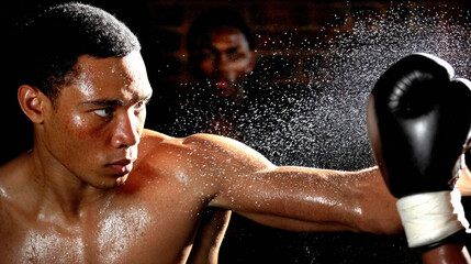 Young male boxer throwing straight punch in gritty indoor fight scene with sweat spraying as motion and intensity fill frame