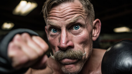 Old school boxer with mustache punching in boxing match, sweat flying through air, intense blue eyes, action sports portrait with dramatic lighting and gym background