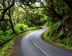 Obraz premium Winding road through lush green forest