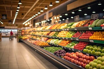 Obraz premium Vibrant display of fresh fruits and vegetables in a grocery store aisle with shoppers in the background