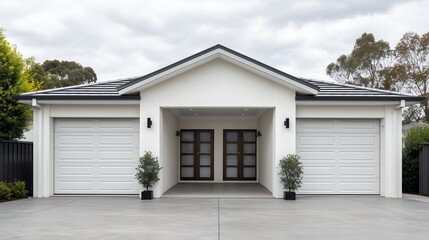 A modern residential building's white wood facade features a blue front door, inviting porch, and clean architectural lines under the sky