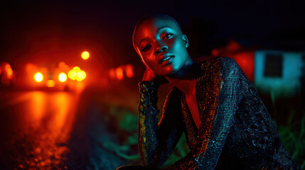 Glowing futuristic fashion photography full body shot of Nigerian model wearing avant garde LED dress fabric shimmering with dynamic neon light, confident pose and moody night street vibe