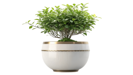 Green plant in a white and gold pot with vertical lines isolated on transparent background