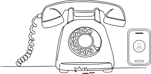 An old rotary phone and a modern smartphone. The concept of communication evolution, technological progress, generational changes, and the transition from analog devices to digital ones.