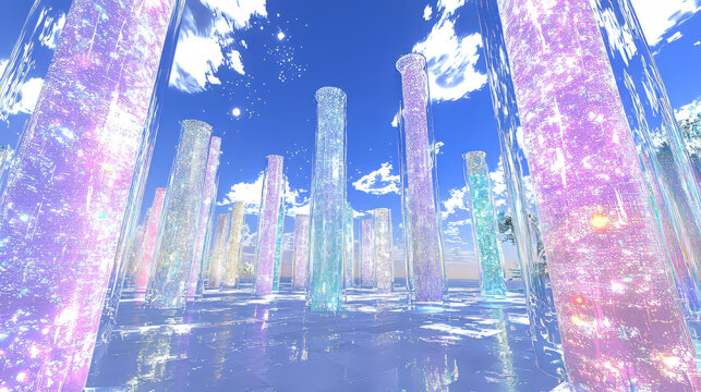 Surreal landscape features glowing, translucent pillars bright blue sky with scattered clouds, creating dreamlike atmosphere. scene is filled with vibrant pastel colors, reflecting light
