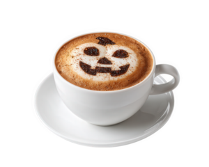 Cappuccino with jack o lantern face art white ceramic cup saucer isolated on transparency background festive Halloween theme creamy foam cheerful mood autumn beverage