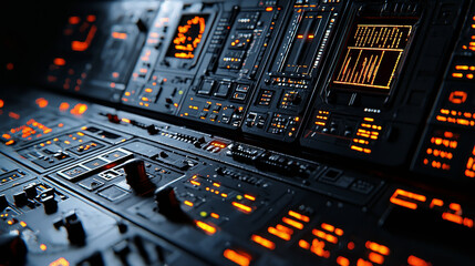Retro control center filled with old style CRT panels and glowing orange lights creates nostalgic and futuristic atmosphere. intricate design and detailed buttons evoke sense of vintage technology