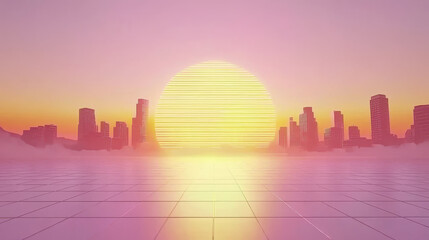 Vibrant retro synthwave scene features glowing sunset over futuristic cityscape. sun rays create warm gradient across sky, reflecting grid patterned surface, evoking nostalgic yet futuristic