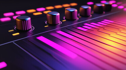 Vibrant, neon lit audio mixing console with glowing knobs and sliders creates retro futuristic atmosphere. colorful lights and sleek design evoke sense of modern technology and creativity