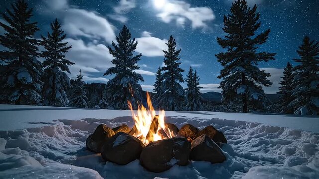 Magical winter campfire time lapse under moonlight and stars in snowy evergreen forest