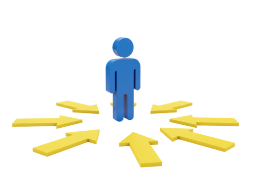 Isolated decision making concept with symbolic man and arrows depicting different directions