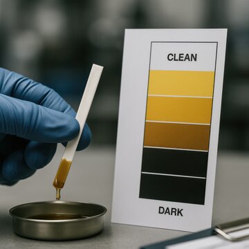 Oil test strip compared with clean to dark color reference chart, lubricant condition monitoring and quality testing for industrial and automotive maintenance
