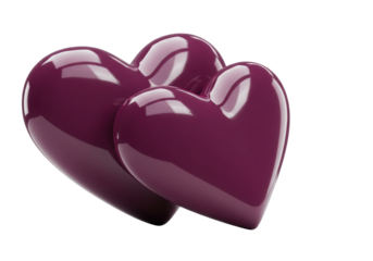 Isolated pair of love hearts in dark plum, glossy and smooth. Great for Valentine's Day.