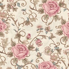 Seamless Vintage Floral Pattern with Pink Roses and Leaves on Beige Background