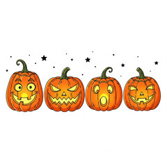 A charming vector collection of cartoon Halloween pumpkins with various carved facial expressions, including silly, angry, surprised, and winking jack-o'-lanterns isolated on a white background