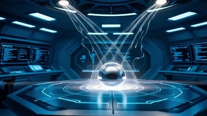 Futuristic laboratory chamber with glowing energy sphere levitating above a central console, science fiction concept - Powered by Adobe