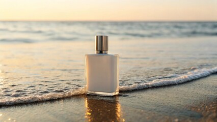 white perfume bottle on the beach near the sea