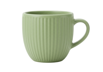 Isolated light green ribbed mug with curved handle for tea or coffee in close-up studio shot