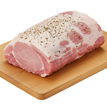 Seasoned pork loin roast on a wooden cutting board isolated on transparent background, a versatile cut for roasting, grilling, or slicing into chops