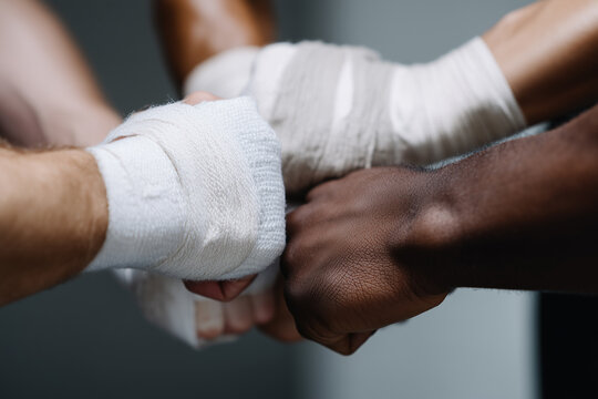 Close up of diverse boxers wrapping hands teamwork unity strength motivation sports preparation focus determination - Powered by Adobe