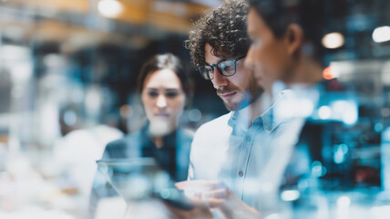 Business professional team working together in modern office, focused and collaborative atmosphere, technology and innovation