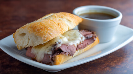 Juicy roast beef sandwich with melted cheese on crusty bread served with savory dipping sauce, delicious and comforting meal