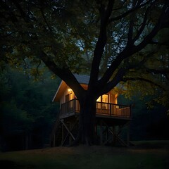 Cozy Wooden Treehouse with Warm Lights in Forest at Dusk