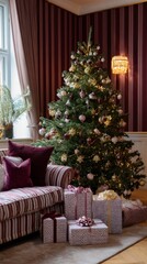 Elegant christmas living room with decorated tree and gifts