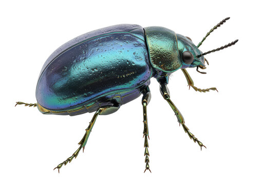 Isolated iridescent ground beetle insect on neutral backdrop, detailed macro close up shot