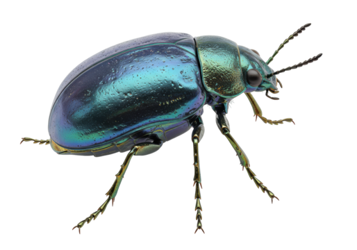 Isolated iridescent ground beetle insect on neutral backdrop, detailed macro close up shot