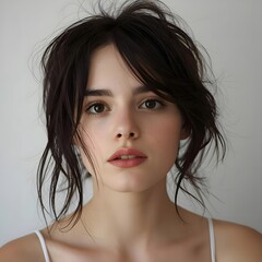 Natural Portrait of Young Woman with Messy Hair and Minimal Makeup
