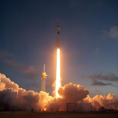 Rocket Launch with Bright Flames and Smoke at Dusk