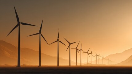 Expansive Landscape Featuring Rows of Wind Turbines Against a Soft Golden Sunrise in a Serene Environment