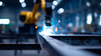 Robotic arm welding steel frame automation factory industrial technology sparks manufacturing precision blue light modern