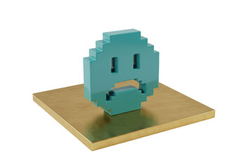 Isolated stylized sad teal face icon, pixelated emotion on brassy gold base art object