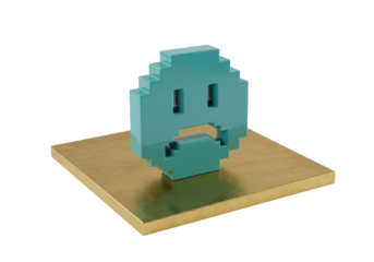 Isolated stylized sad teal face icon, pixelated emotion on brassy gold base art object