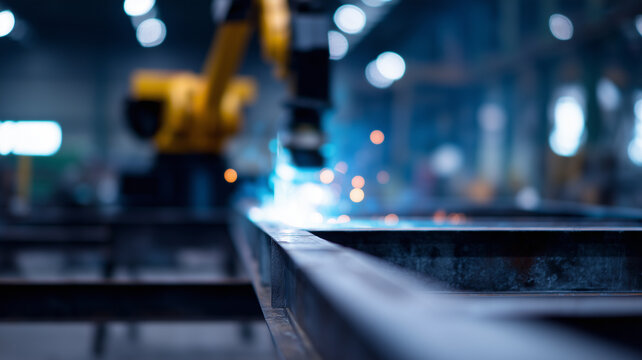 Robotic arm welding steel frame automation factory industrial technology sparks manufacturing precision blue light modern
