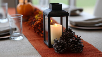 Rustic lantern centerpiece with candle, pinecones, orange table runner, autumn berries, and pumpkin create cozy Thanksgiving table decor